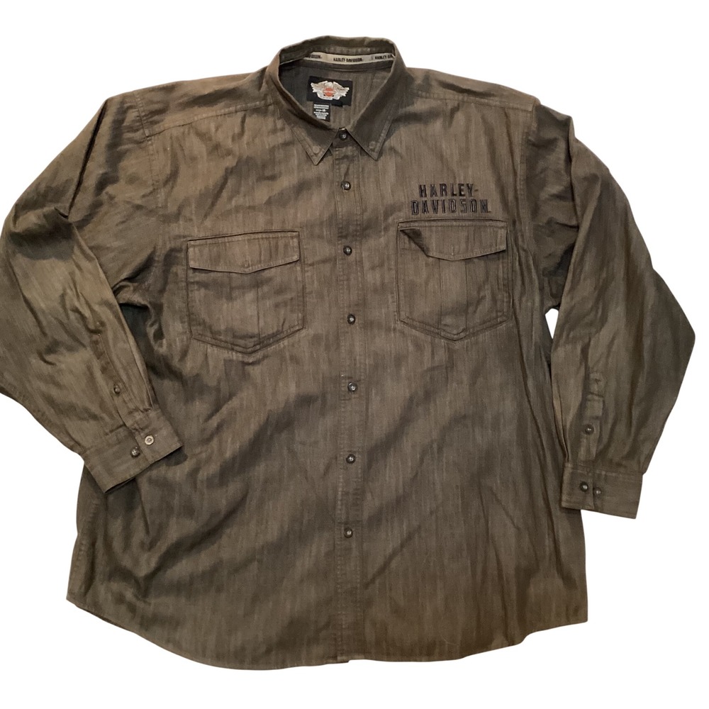 Harley-Davidson Mens 3XL Brown Long Sleeve Button Down Embroidered Work Shirt